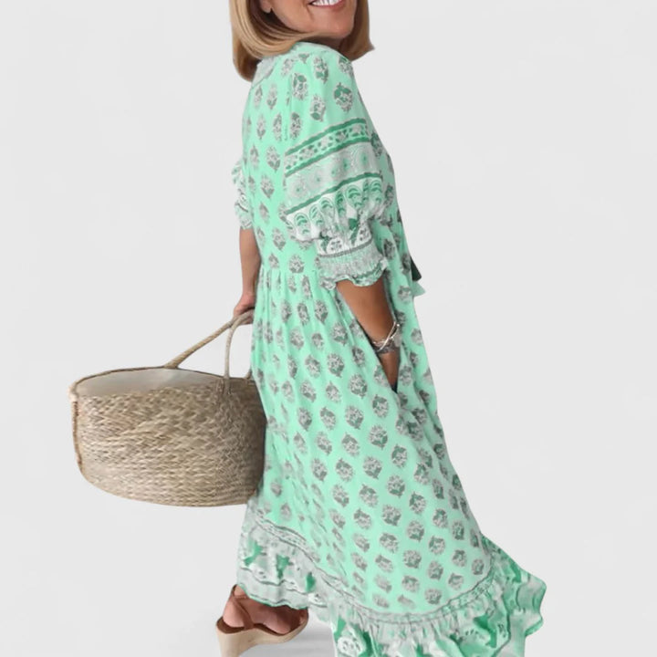 Boho Midikleid Damen Bedruckte Oberfläche mit Rüschensaum