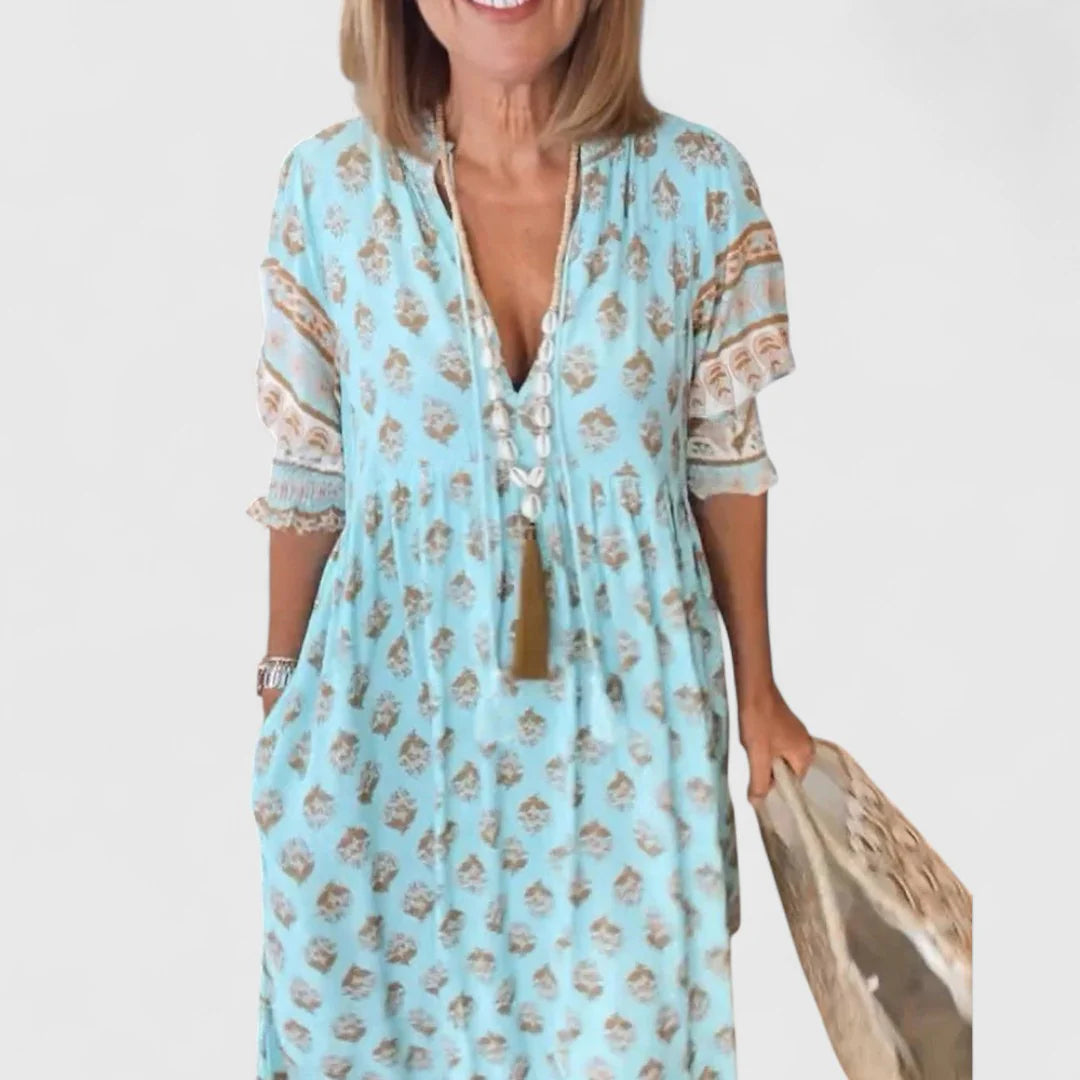 Boho Midikleid Damen Bedruckte Oberfläche mit Rüschensaum
