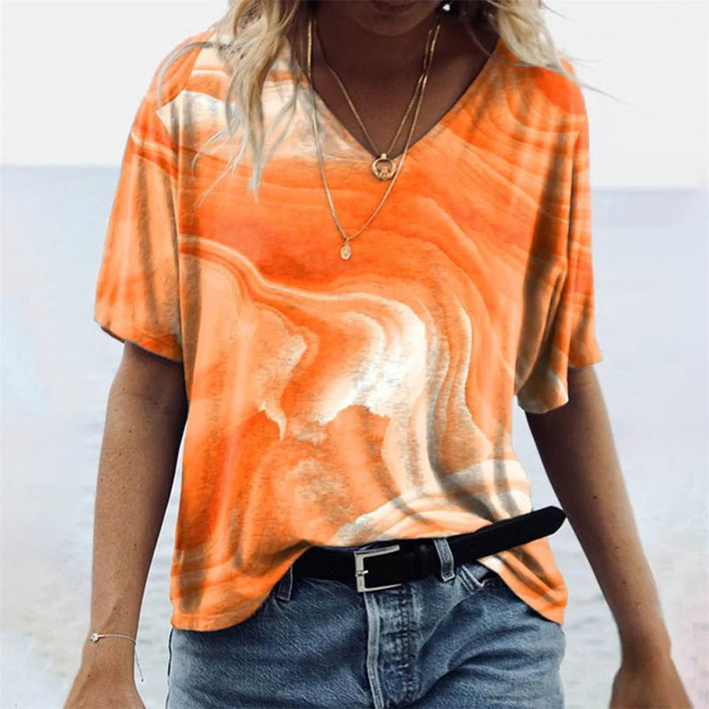 Boho V-Ausschnitt T-Shirt Damen Bedruckte Oberfläche mit Lockerer Passform