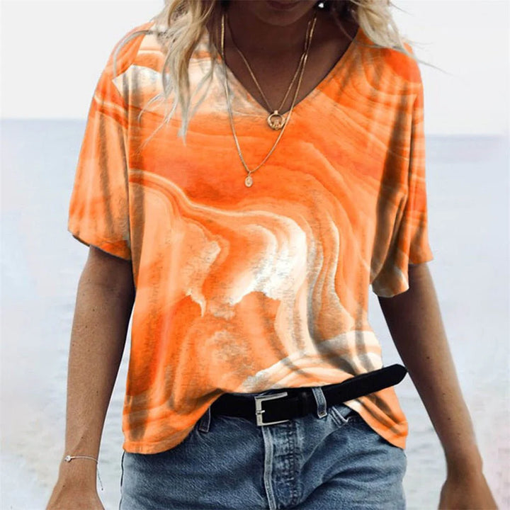 Boho V-Ausschnitt T-Shirt Damen Bedruckte Oberfläche mit Lockerer Passform