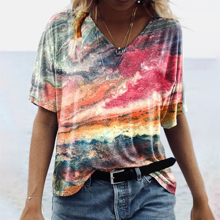 Boho V-Ausschnitt T-Shirt Damen Bedruckte Oberfläche mit Lockerer Passform