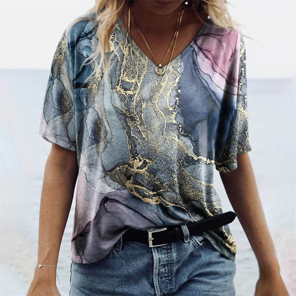 Boho V-Ausschnitt T-Shirt Damen Bedruckte Oberfläche mit Lockerer Passform