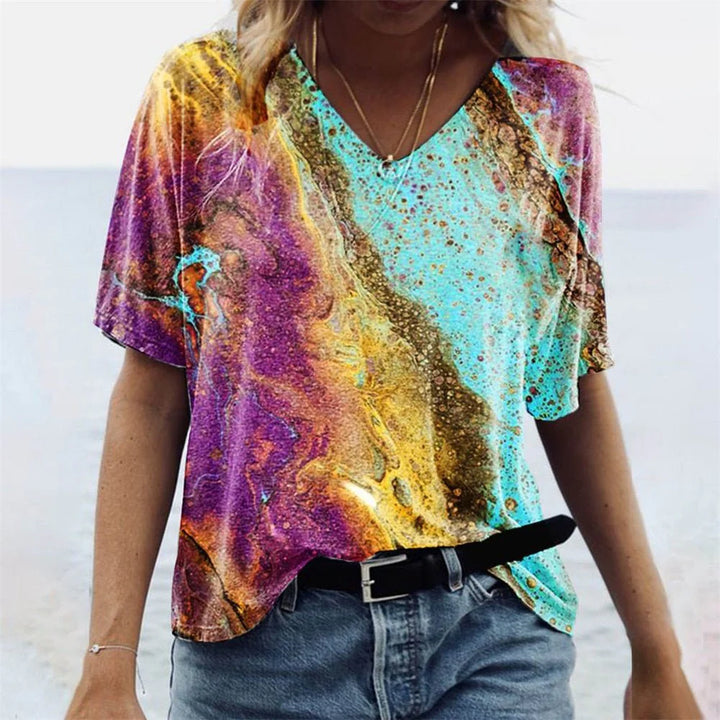 Boho V-Ausschnitt T-Shirt Damen Bedruckte Oberfläche mit Lockerer Passform