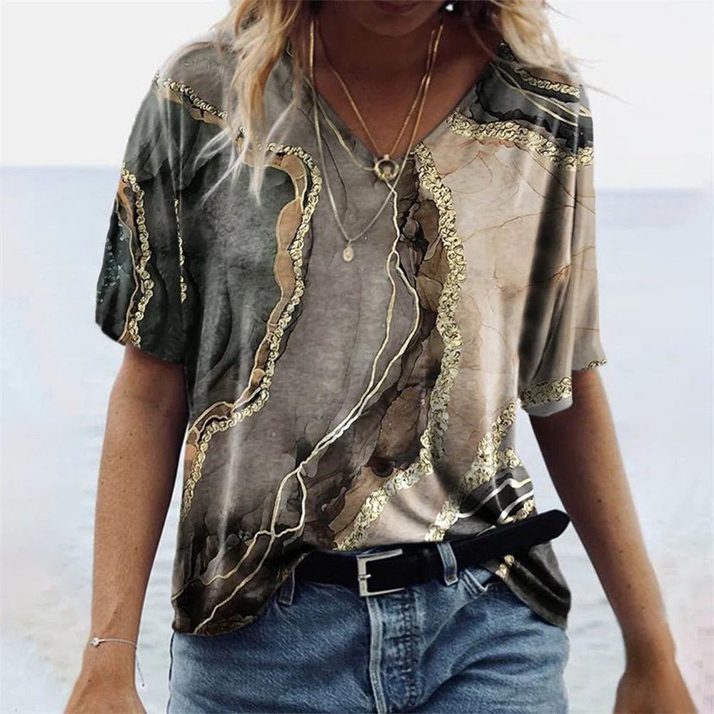Boho V-Ausschnitt T-Shirt Damen Bedruckte Oberfläche mit Lockerer Passform