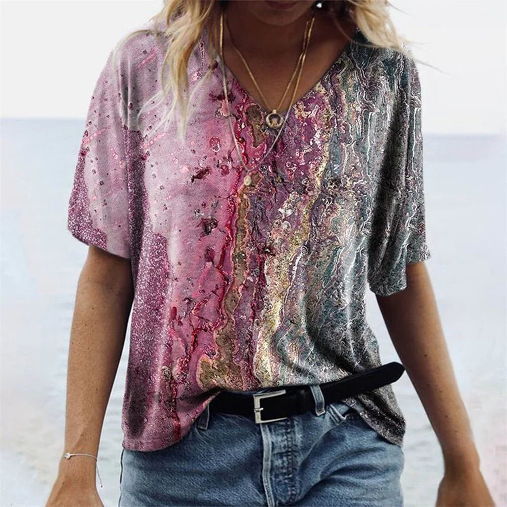 Boho V-Ausschnitt T-Shirt Damen Bedruckte Oberfläche mit Lockerer Passform