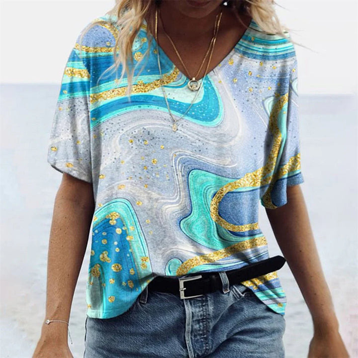 Boho V-Ausschnitt T-Shirt Damen Bedruckte Oberfläche mit Lockerer Passform