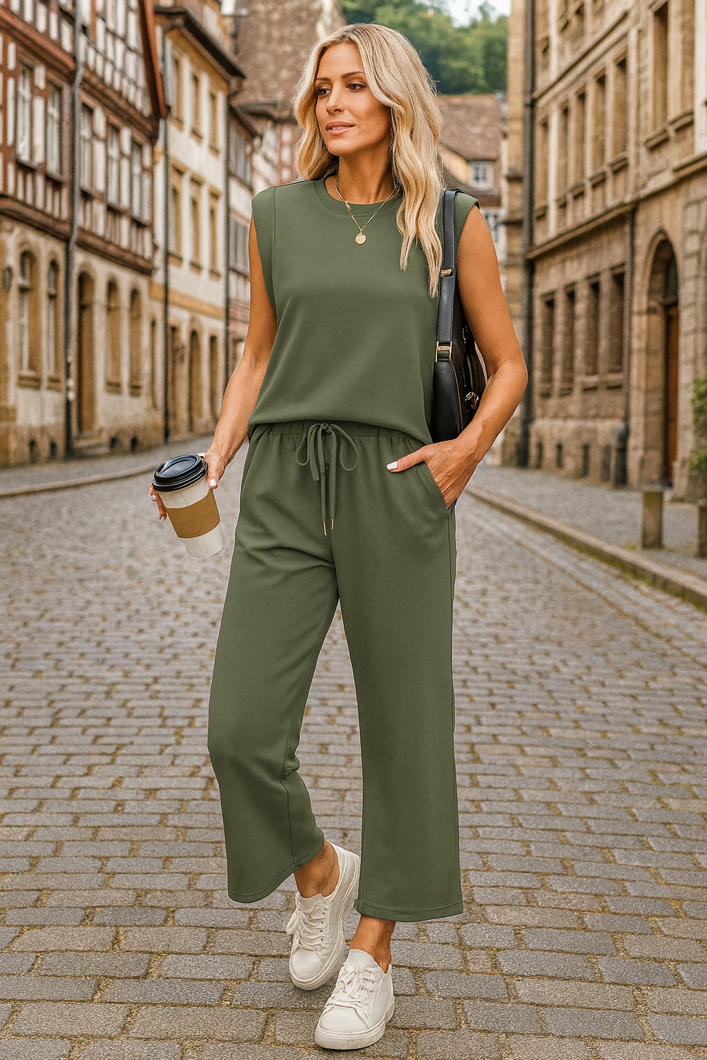 Zweiteiliges Loungewear-Set Damen Weiche Oberfläche mit Strukturierten Schultern