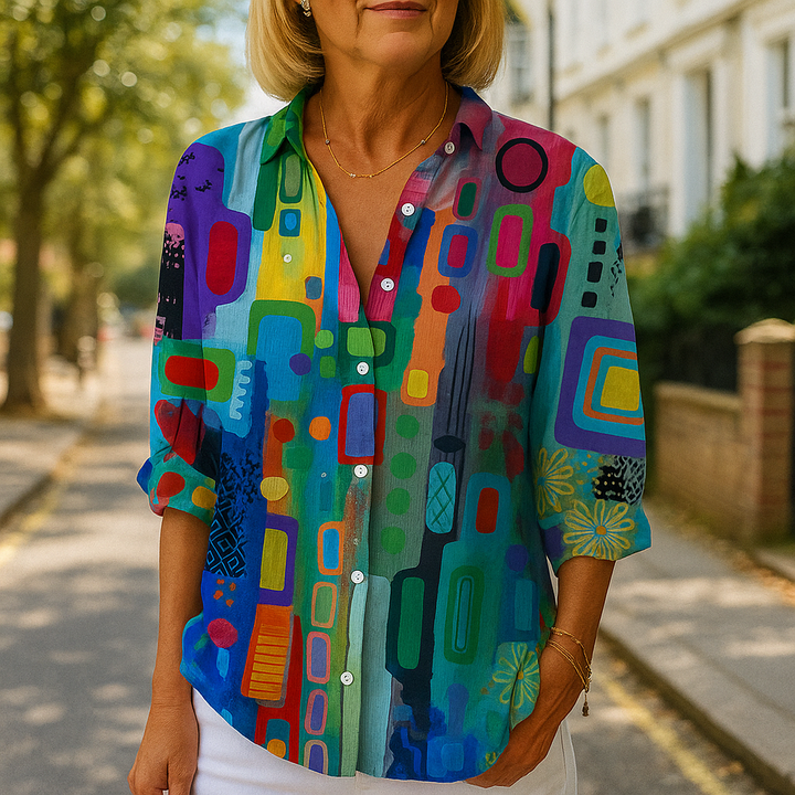 Abstrakte Bluse für Damen – Knopfleiste mit hochgekrempelten Ärmeln