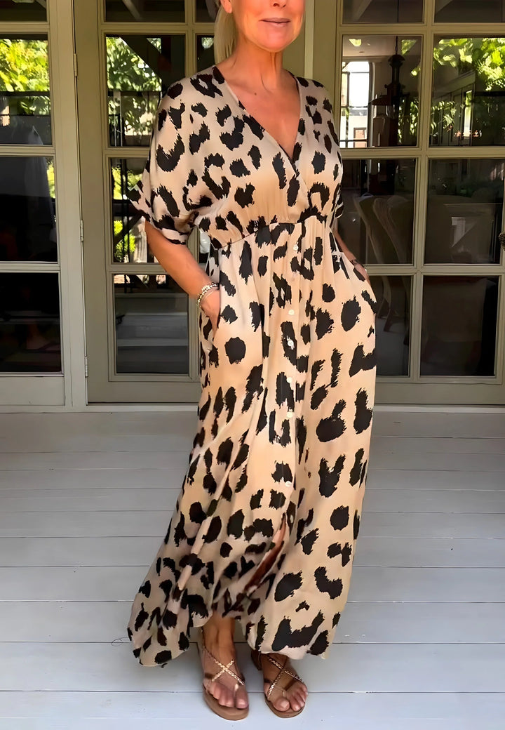 Leopardenmuster Maxikleid Damen Fließende Form mit Seitentaschen