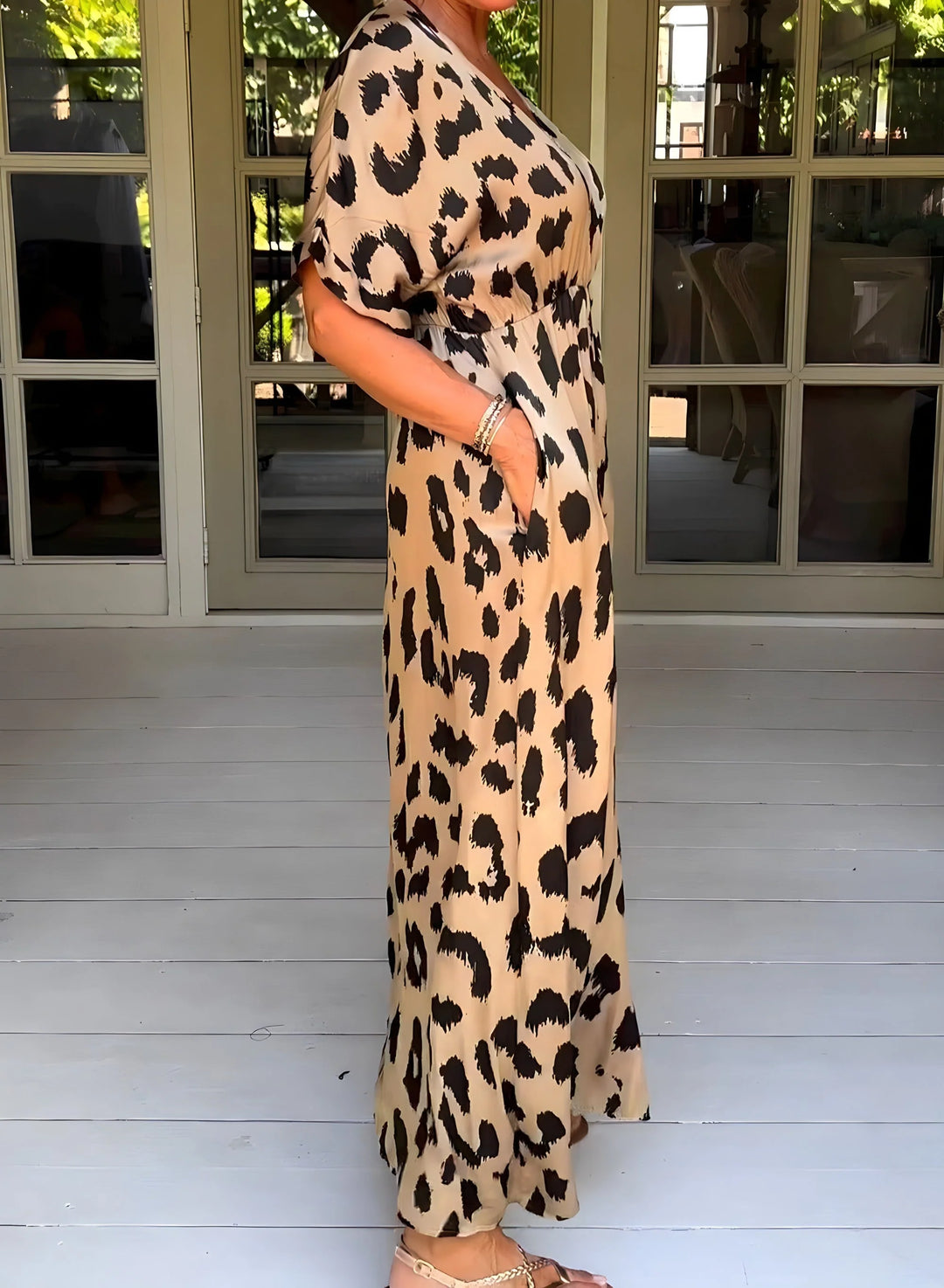Leopardenmuster Maxikleid Damen Fließende Form mit Seitentaschen
