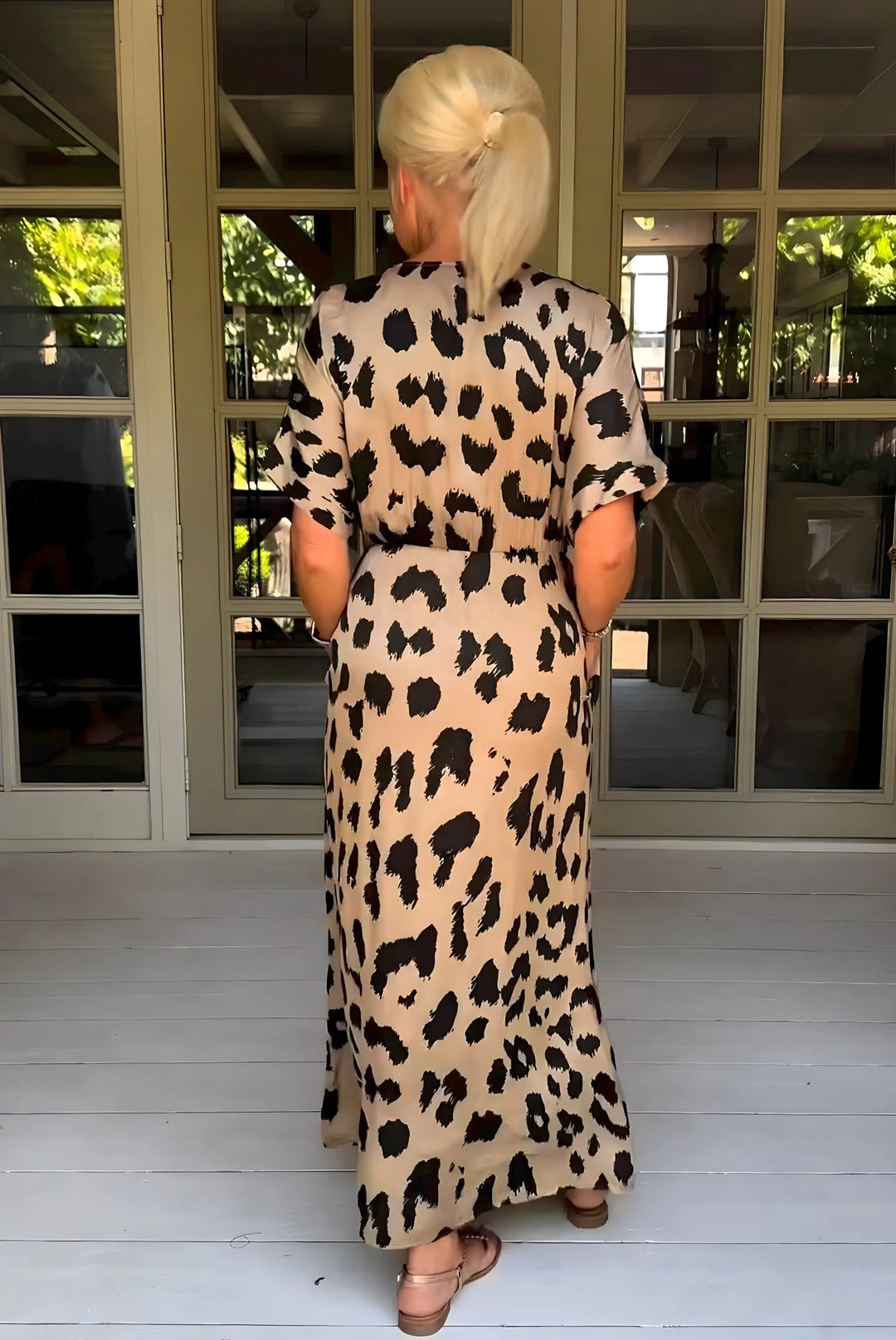 Leopardenmuster Maxikleid Damen Fließende Form mit Seitentaschen