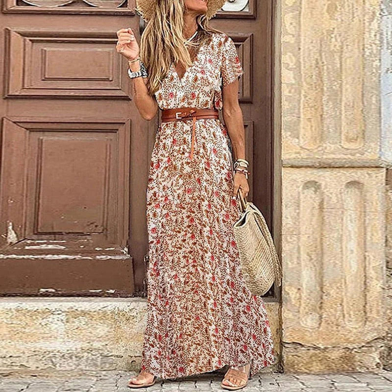 Maxikleid Damen Bedruckte Oberfläche mit Taillengürtel