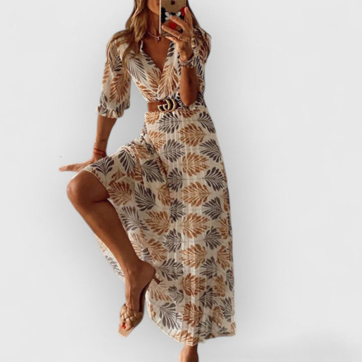 Maxikleid Damen Drapierte Form mit Blättermuster