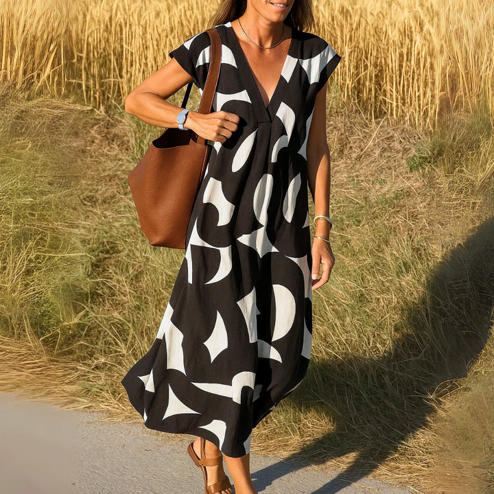 Midikleid Damen Bedruckte Oberfläche mit V-Ausschnitt und A-Linienform