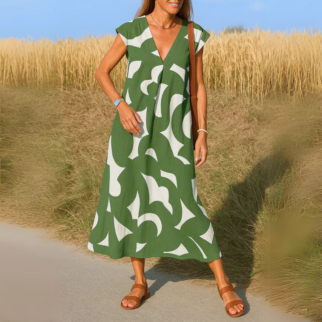Midikleid Damen Bedruckte Oberfläche mit V-Ausschnitt und A-Linienform