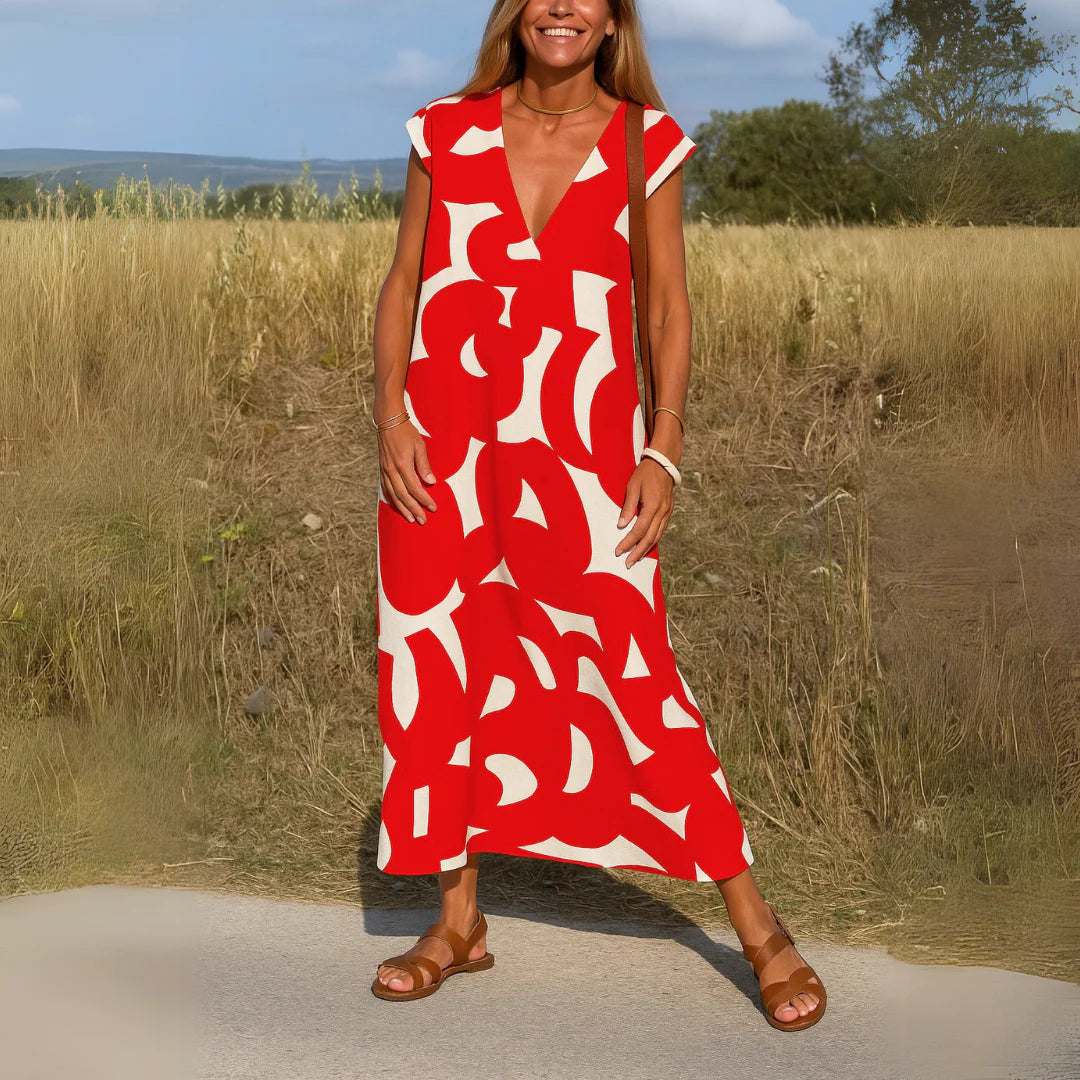 Midikleid Damen Bedruckte Oberfläche mit V-Ausschnitt und A-Linienform