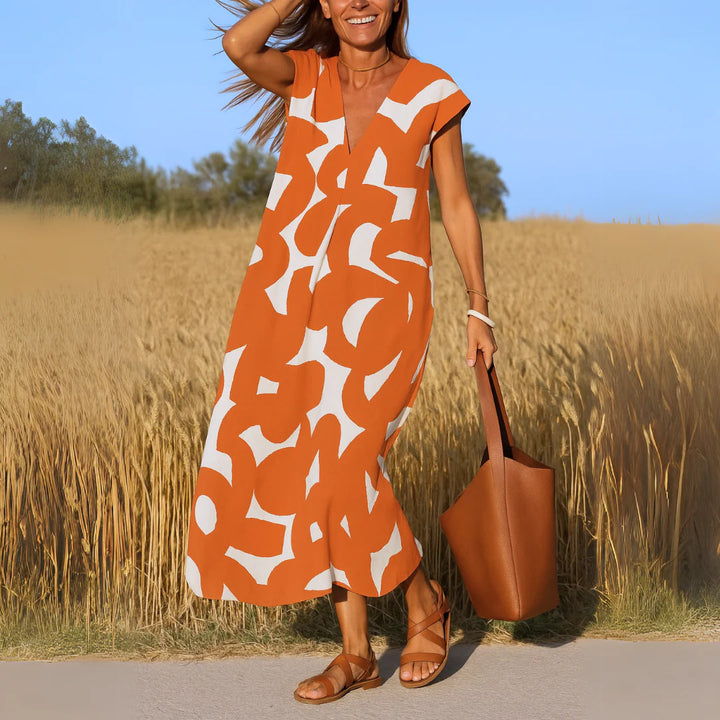 Midikleid Damen Bedruckte Oberfläche mit V-Ausschnitt und A-Linienform