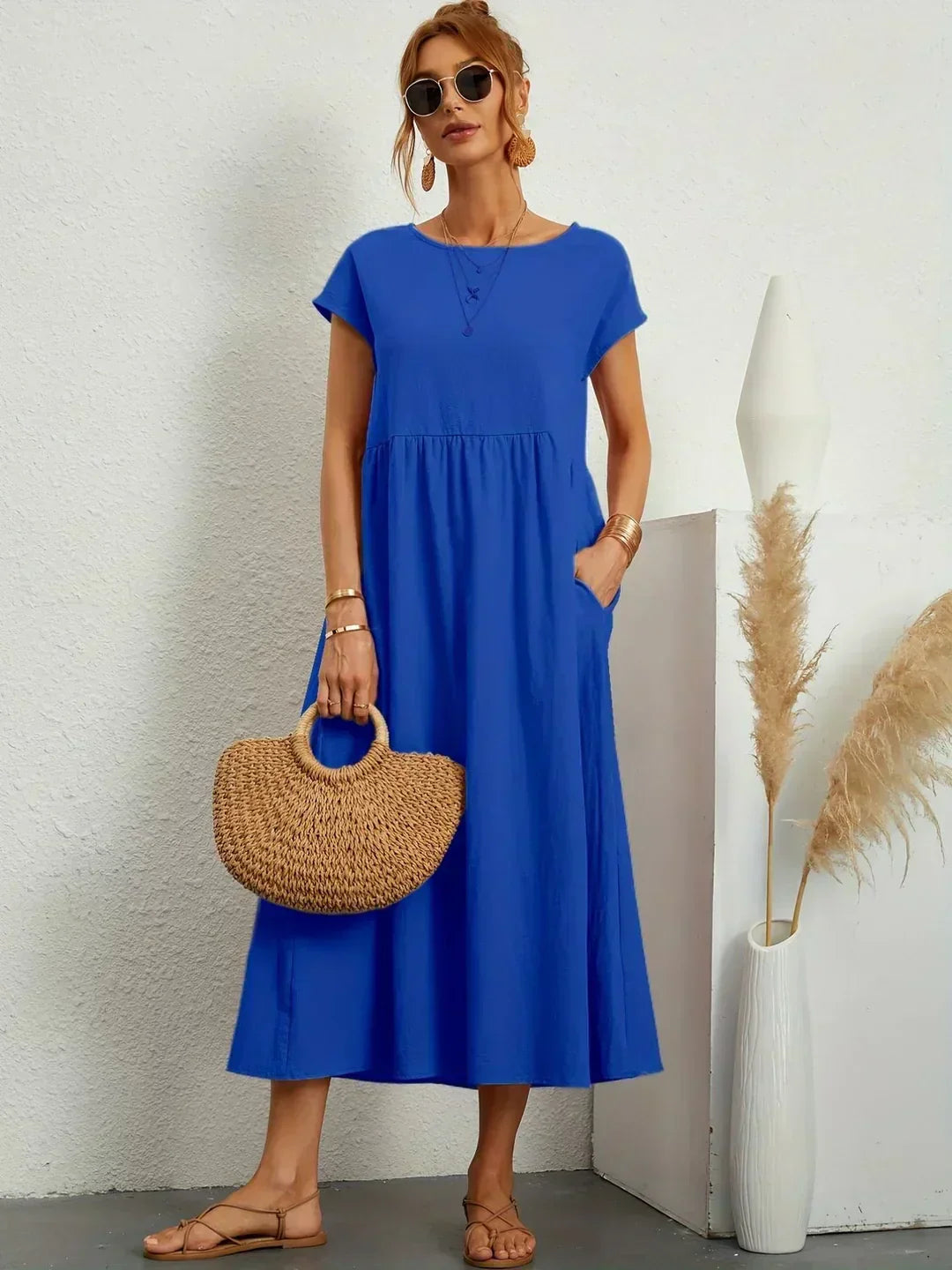 Midikleid Damen Strukturierte Taille mit Seitentaschen