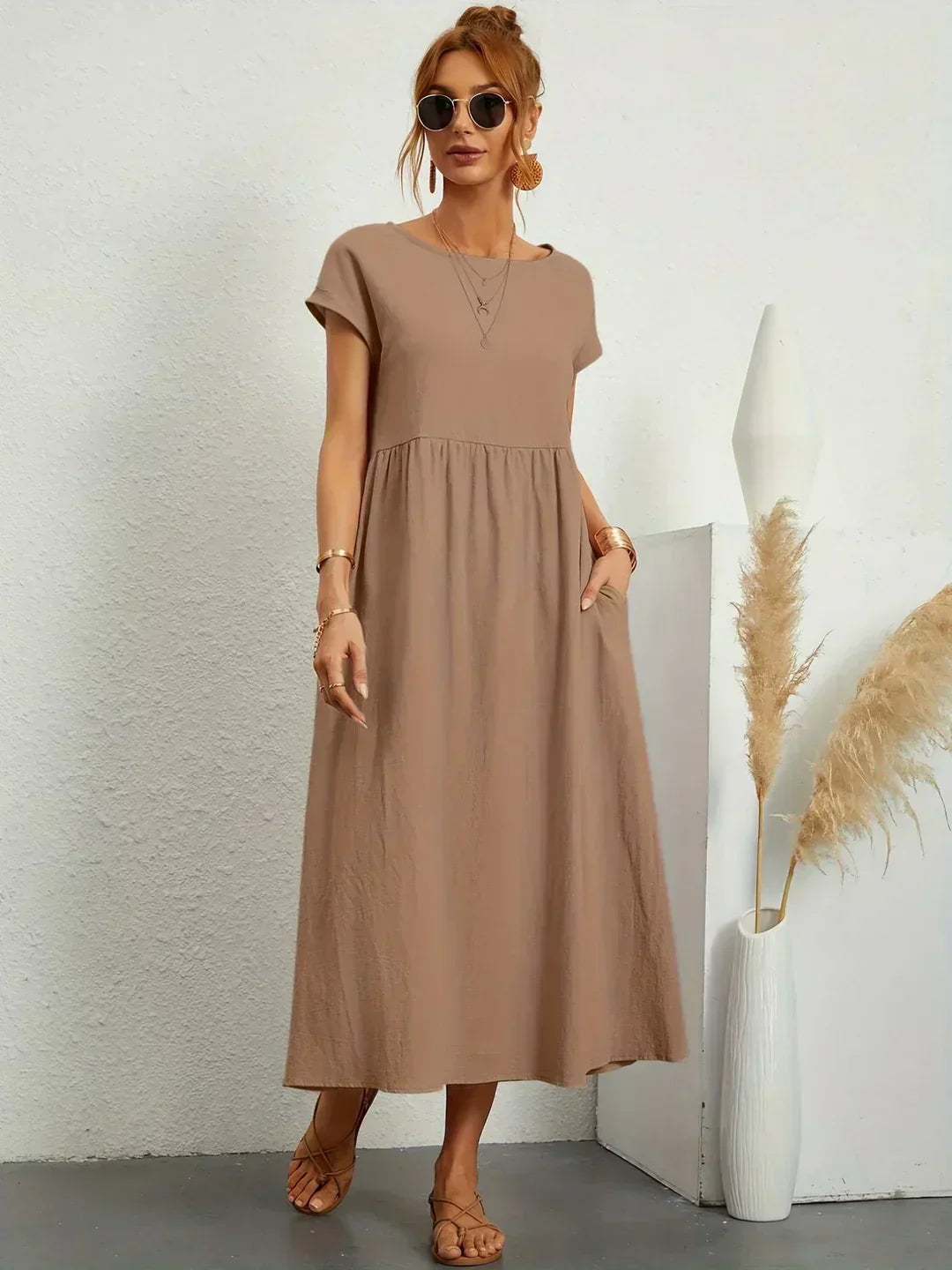 Midikleid Damen Strukturierte Taille mit Seitentaschen