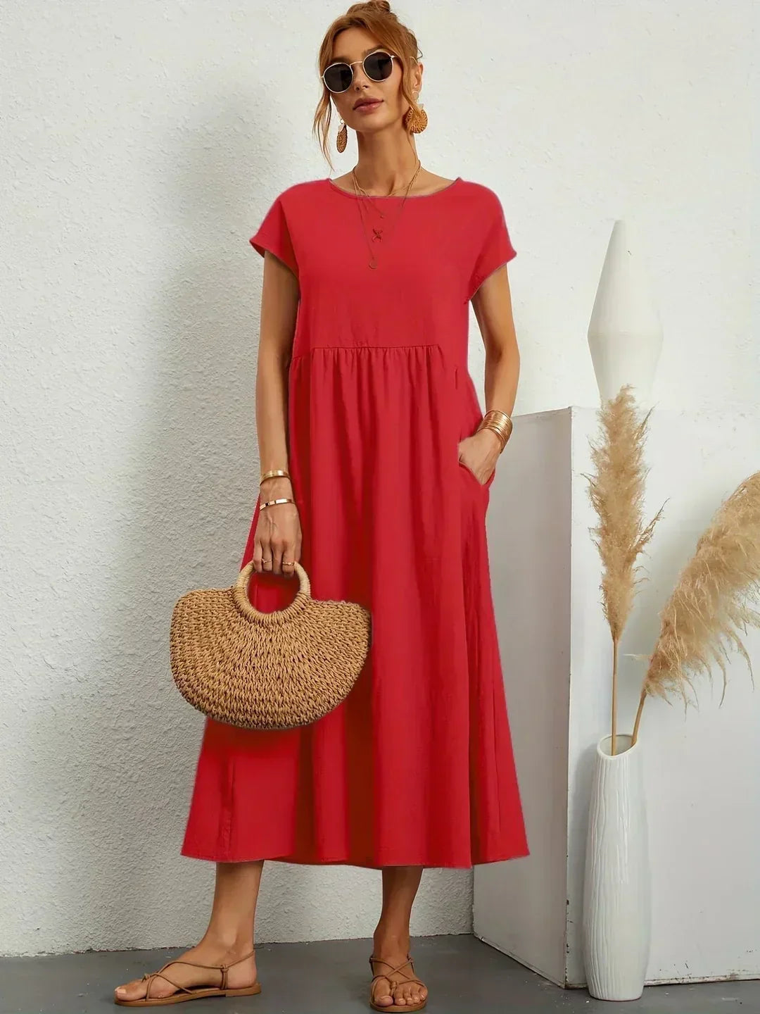 Midikleid Damen Strukturierte Taille mit Seitentaschen