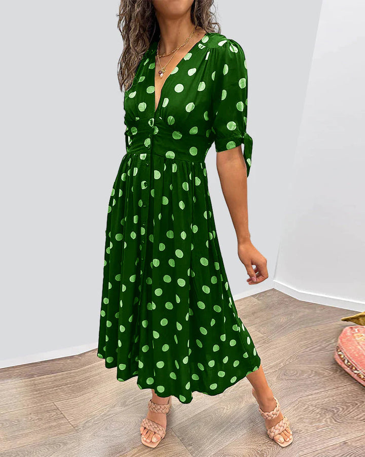 Midikleid mit Punkten für Damen Knopfleiste und betonte Taille