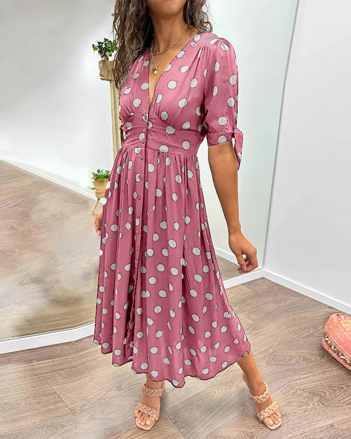 Midikleid mit Punkten für Damen Knopfleiste und betonte Taille