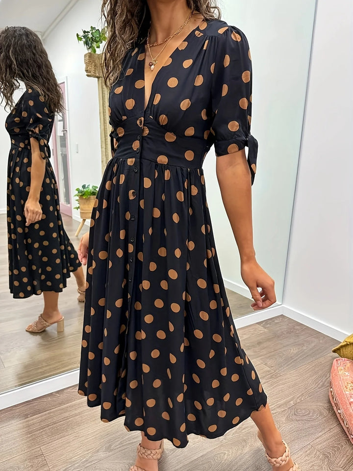 Midikleid mit Punkten für Damen Knopfleiste und betonte Taille
