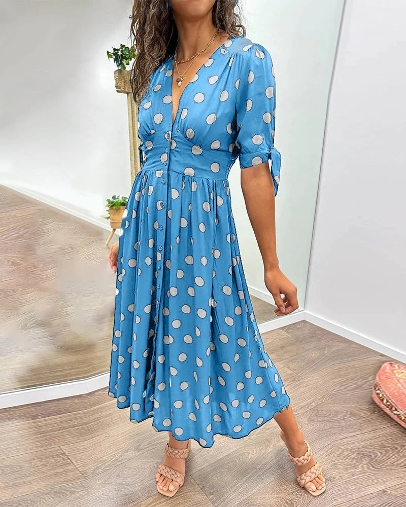 Midikleid mit Punkten für Damen Knopfleiste und betonte Taille