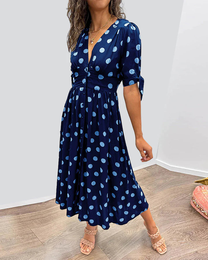 Midikleid mit Punkten für Damen Knopfleiste und betonte Taille