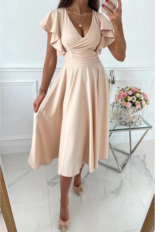 Midikleid mit Schmetterlingsärmeln für Damen Strukturierte Oberfläche mit Ausgestellter Silhouette