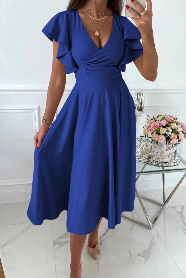 Midikleid mit Schmetterlingsärmeln für Damen Strukturierte Oberfläche mit Ausgestellter Silhouette
