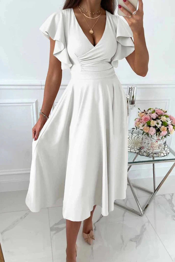 Midikleid mit Schmetterlingsärmeln für Damen Strukturierte Oberfläche mit Ausgestellter Silhouette