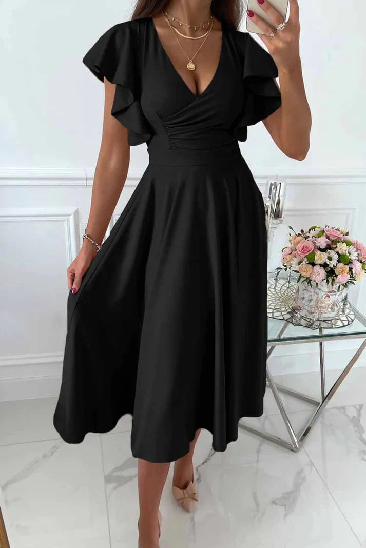 Midikleid mit Schmetterlingsärmeln für Damen Strukturierte Oberfläche mit Ausgestellter Silhouette