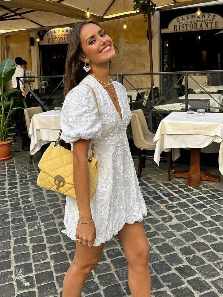 Minikleid mit Puffärmeln Damen Strukturierte Oberfläche mit Stickereidetails