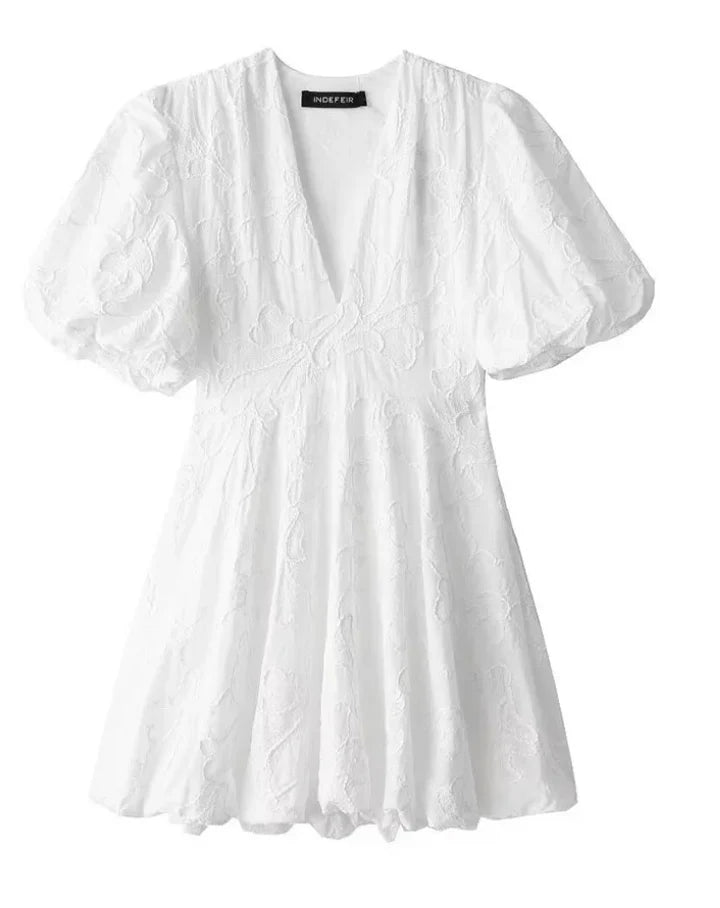 Minikleid mit Puffärmeln Damen Strukturierte Oberfläche mit Stickereidetails