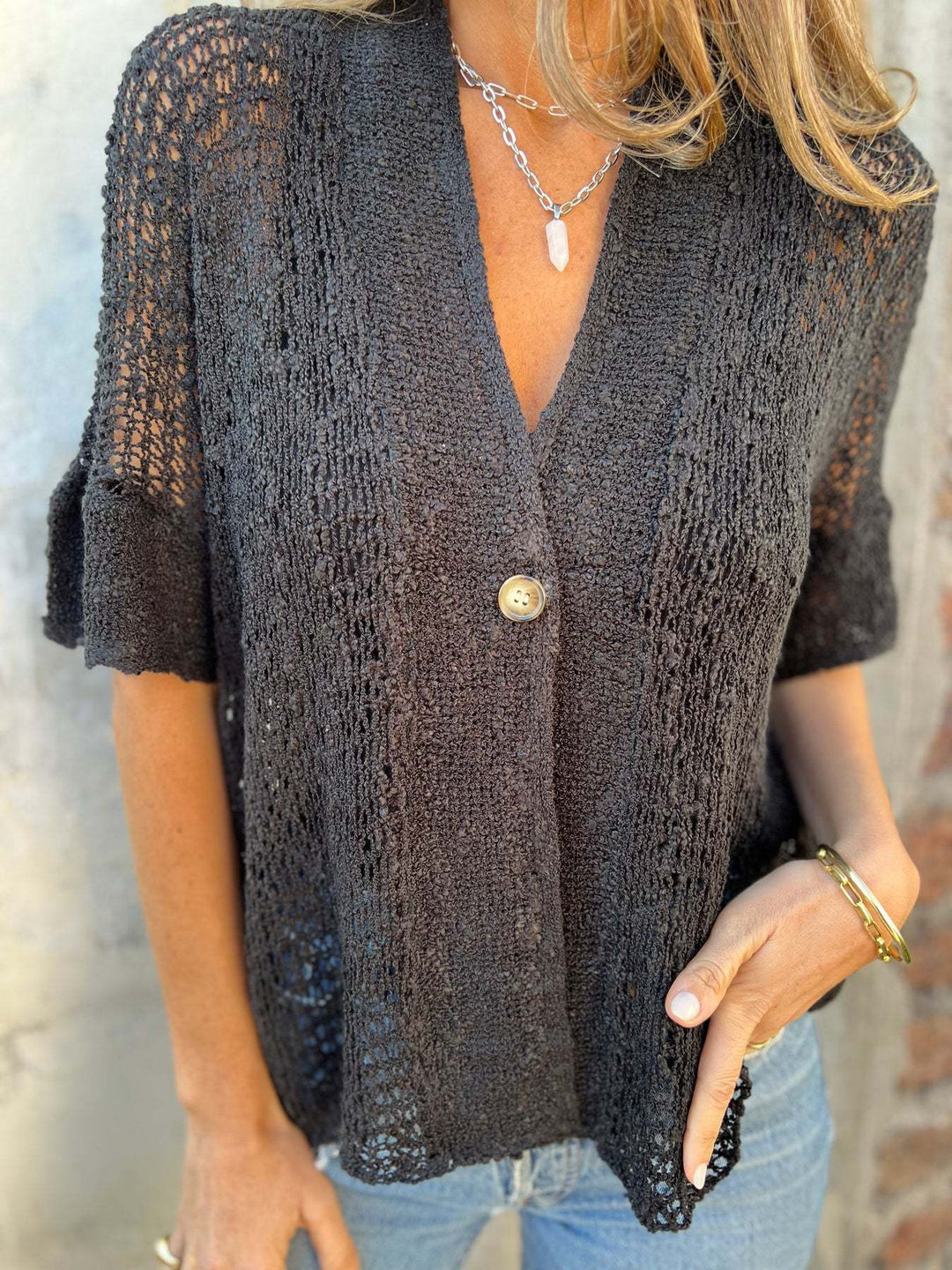 Offen gestrickte Sommerstrickjacke Damen Ein-Knopf-Verschluss mit strukturierter Oberfläche