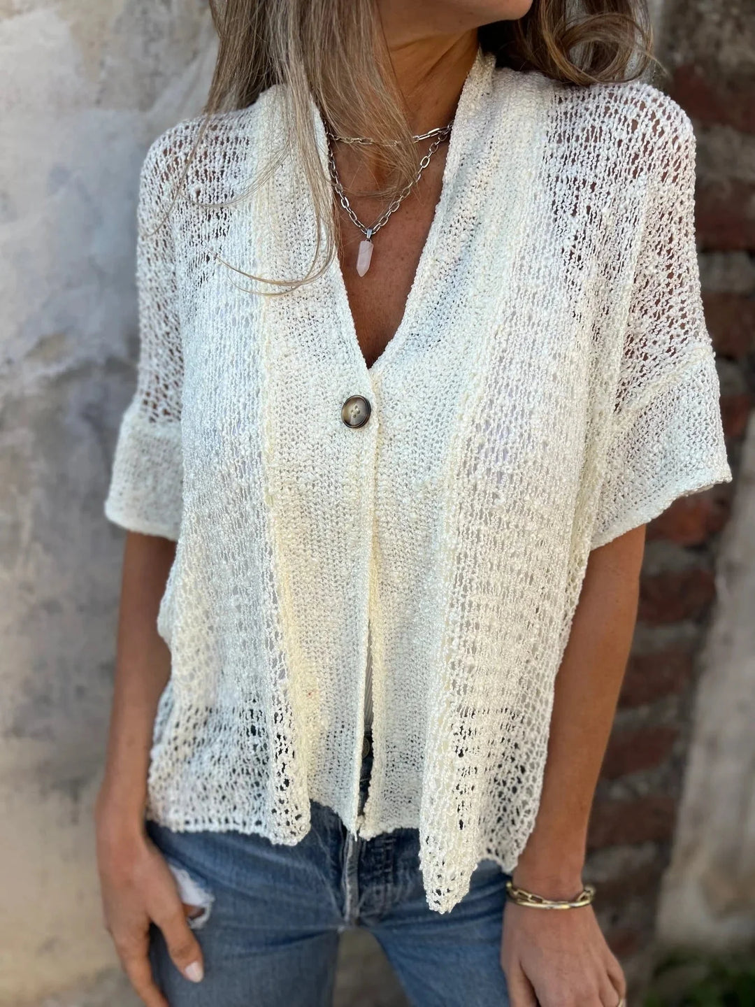 Offen gestrickte Sommerstrickjacke Damen Ein-Knopf-Verschluss mit strukturierter Oberfläche