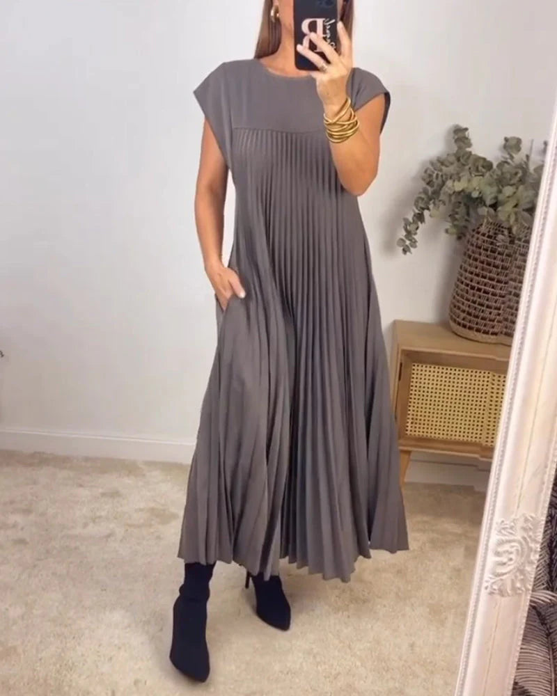 Plissiertes Midikleid Damen Strukturierte Vorderseite mit Kappenärmeln
