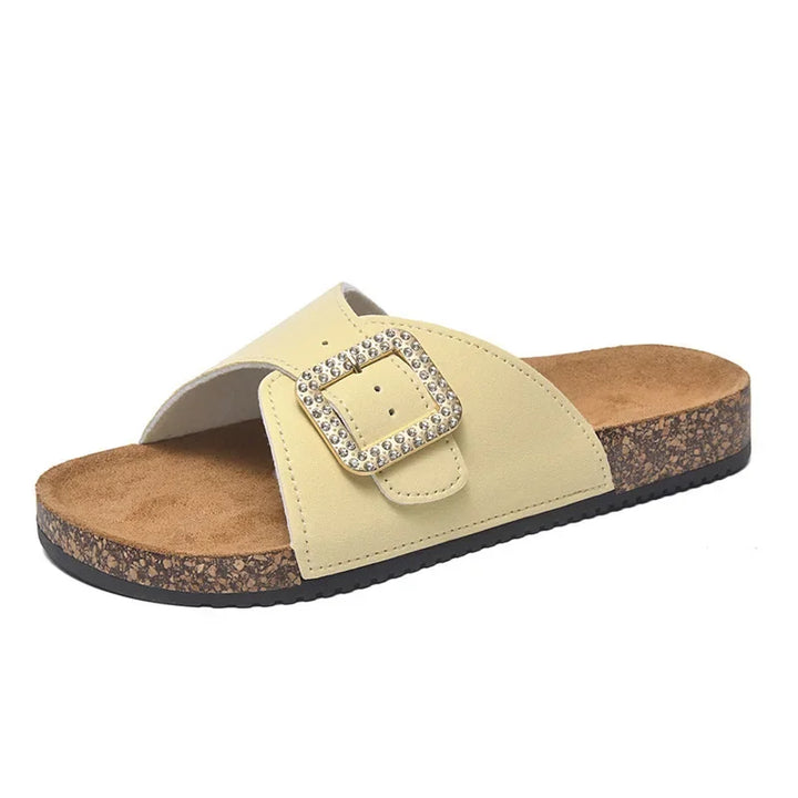 Slip-On-Sandalen Damen – Überkreuzte Riemen mit Mittelsohle in Korkoptik