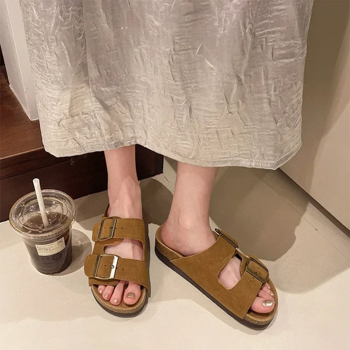 Slip-On-Sandalen Damen – Mittelsohle in Korkoptik mit zwei Schnallenriemen