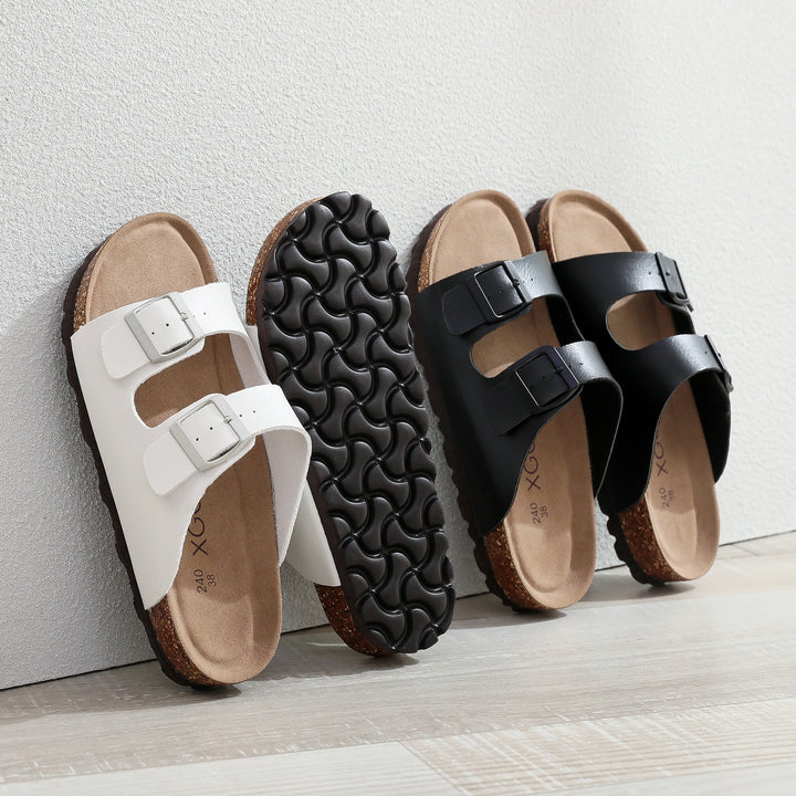 Slip-On-Sandalen Damen – Fußbett in Korkoptik mit verstellbaren Schnallenriemen