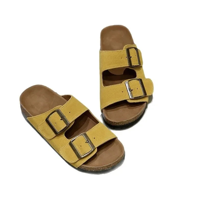 Slip-On-Sandalen Damen – Mittelsohle in Korkoptik mit zwei Schnallenriemen