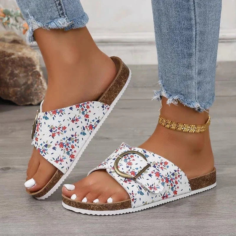 Slip-On-Sandalen Damen – Fußbett in Korkoptik mit verstellbarem Schnallenriemen
