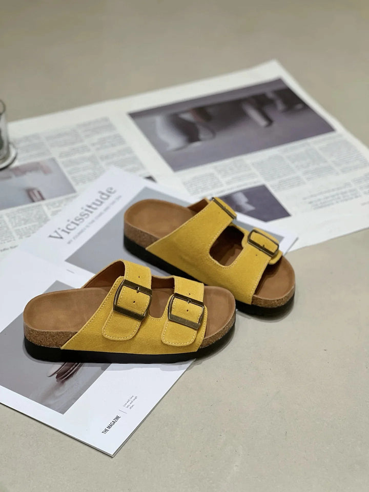 Slip-On-Sandalen Damen – Mittelsohle in Korkoptik mit zwei Schnallenriemen