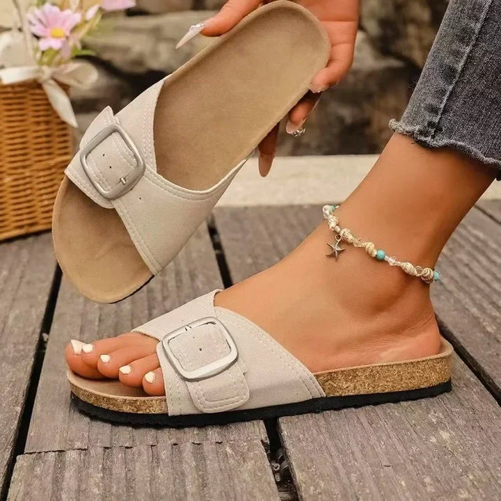 Slip-On-Plateausandalen Damen – Mittelsohle in Korkoptik mit Schnallenriemen