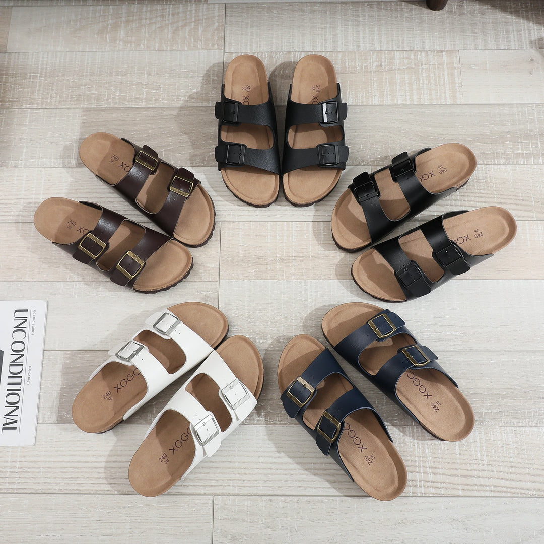 Slip-On-Sandalen Damen – Fußbett in Korkoptik mit verstellbaren Schnallenriemen