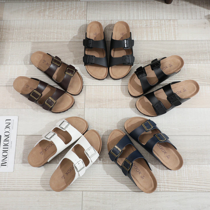 Slip-On-Sandalen Damen – Fußbett in Korkoptik mit verstellbaren Schnallenriemen