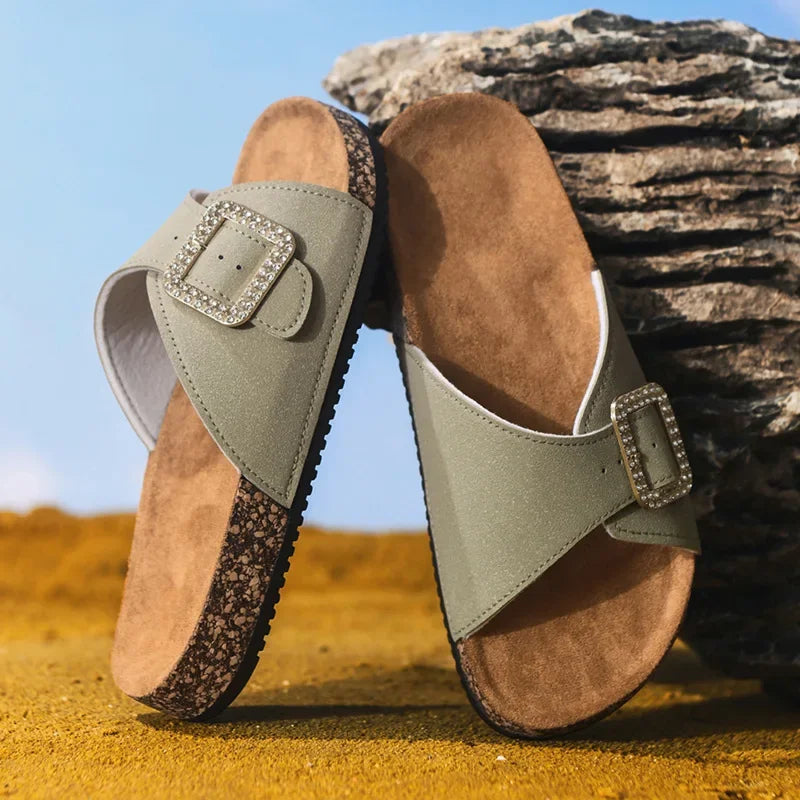 Slip-On-Sandalen Damen – Überkreuzte Riemen mit Mittelsohle in Korkoptik
