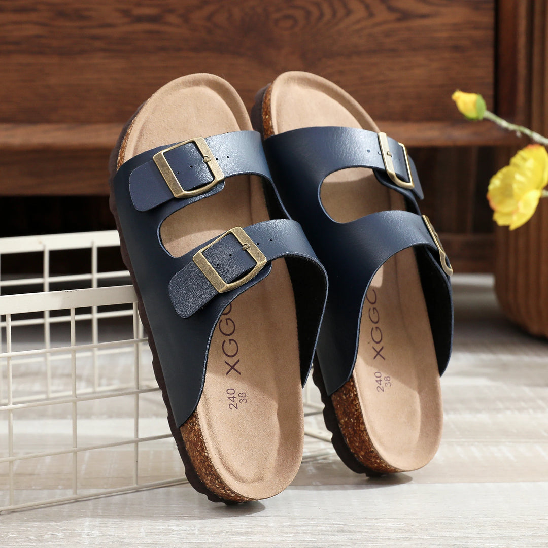 Slip-On-Sandalen Damen – Fußbett in Korkoptik mit verstellbaren Schnallenriemen