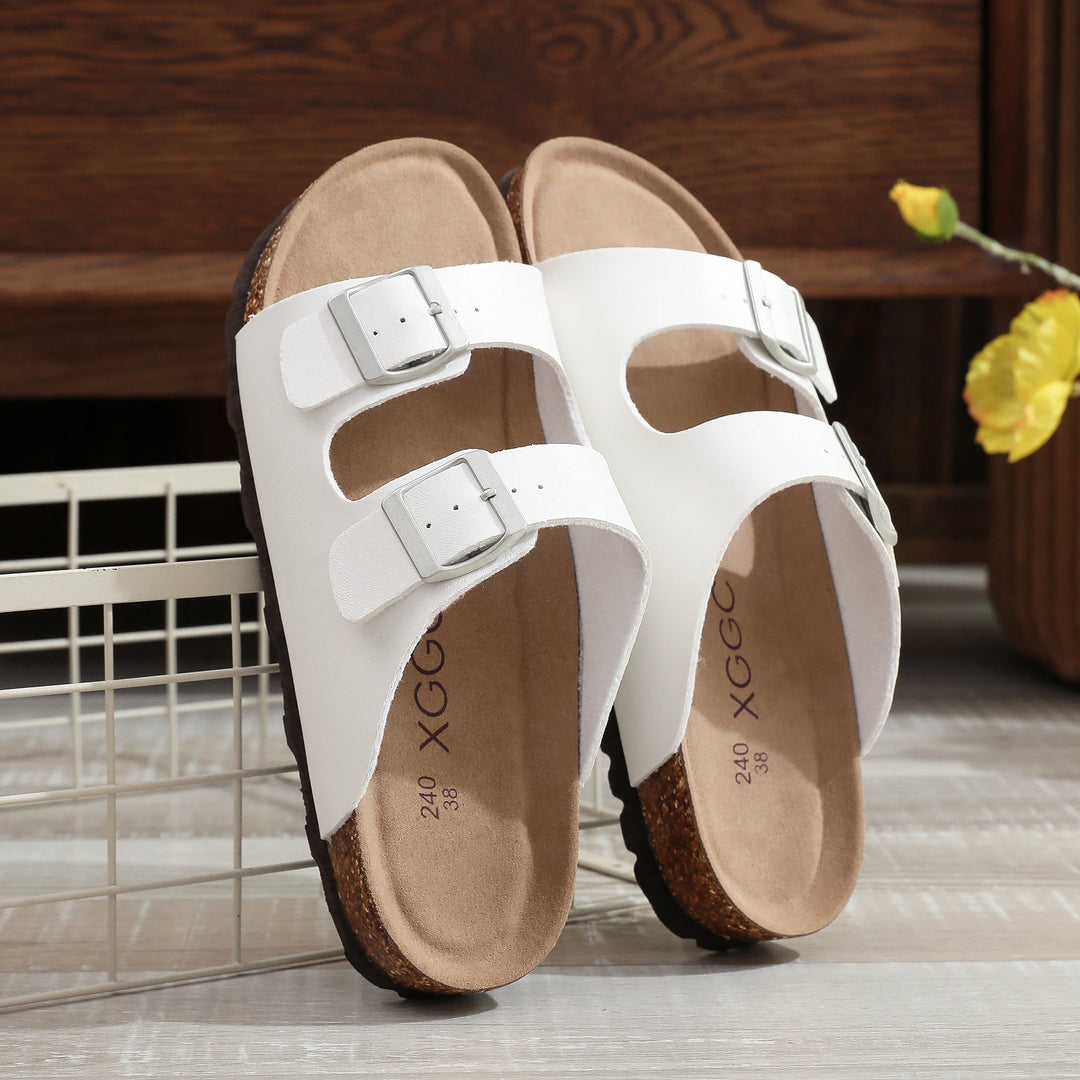 Slip-On-Sandalen Damen – Fußbett in Korkoptik mit verstellbaren Schnallenriemen